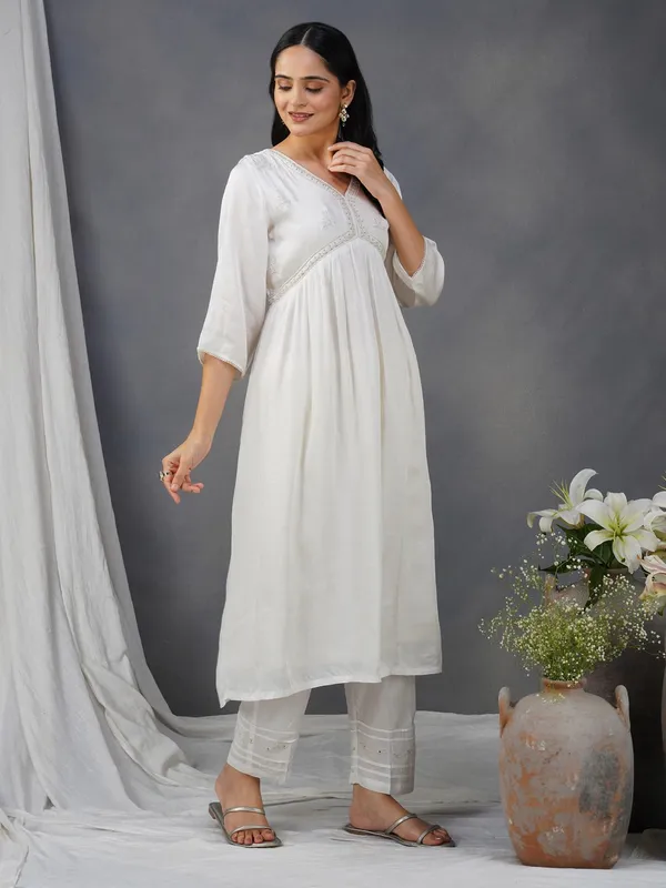 White_Embroidered_Cotton_Modal_Anarkali_Kurta_With_Matching_Pant_And_Dupatta_-_XXL