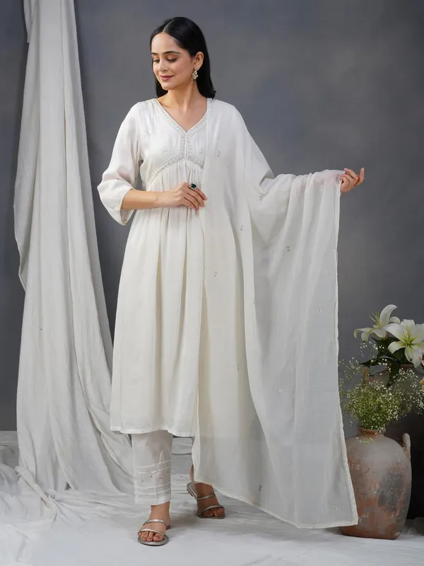 White_Embroidered_Cotton_Modal_Anarkali_Kurta_With_Matching_Pant_And_Dupatta_-_XXL