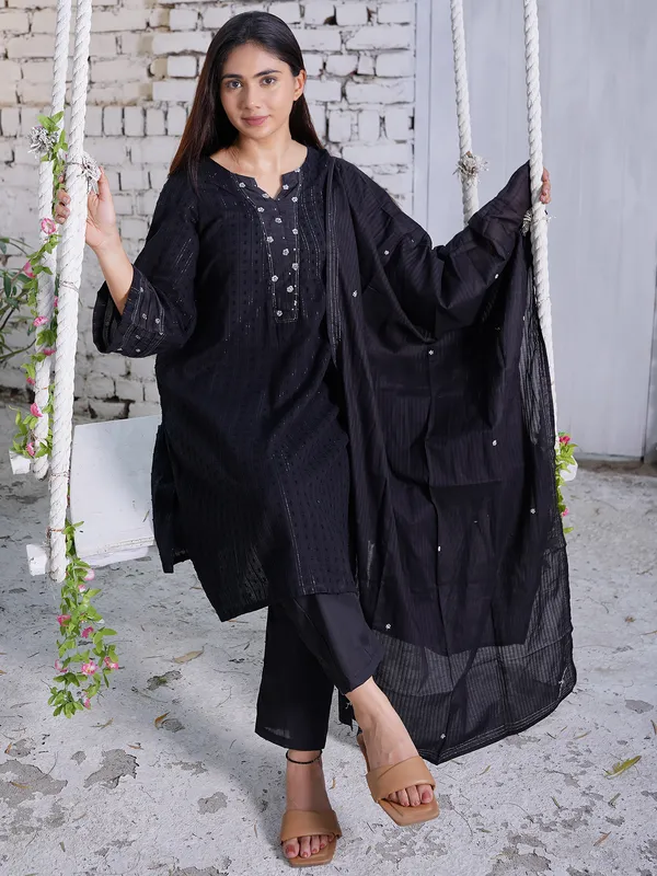 Black_Embroidered_Cotton_Dobby_Kurta_with_Cotton_Pant_and_Embroidered_Dupatta-_Set_of_3_-_XXL