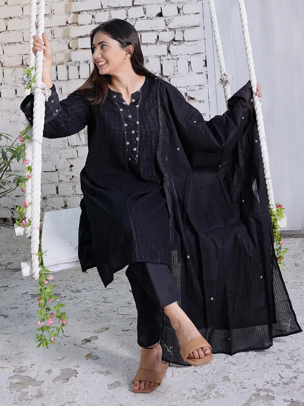 Black_Embroidered_Cotton_Dobby_Kurta_with_Cotton_Pant_and_Embroidered_Dupatta-_Set_of_3_-_XXL