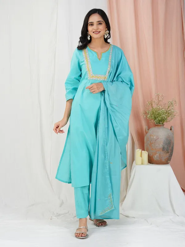 Firozi_Kantha_Embroidered_Cotton_Kurta_With_Matching_Pant_And_Dupatta_-_XXL