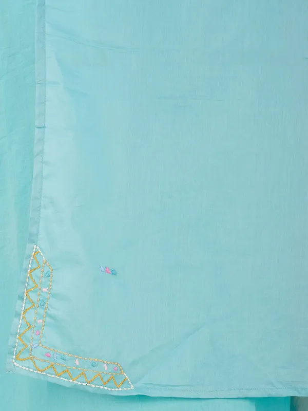 Firozi_Kantha_Embroidered_Cotton_Kurta_With_Matching_Pant_And_Dupatta_-_XXL