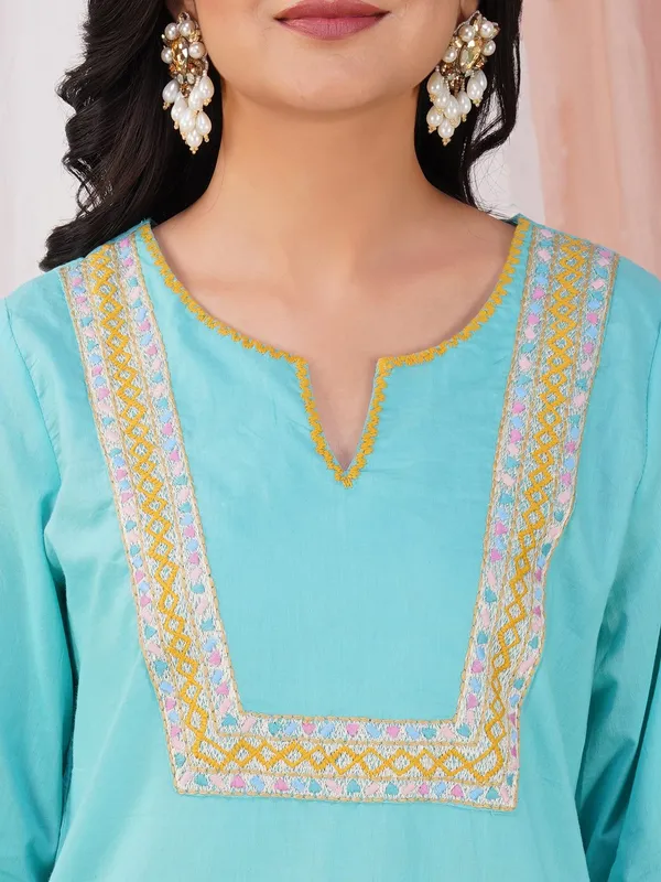 Firozi_Kantha_Embroidered_Cotton_Kurta_With_Matching_Pant_And_Dupatta_-_XXL
