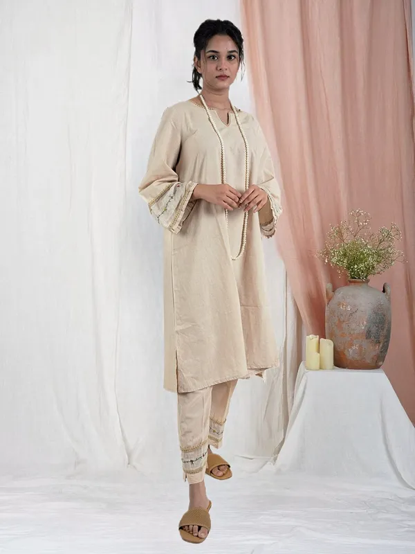 Beige_colorful_Hand_Embroidered_Cotton_Kurta_Paired_With_Matching_Pant_-_XXL