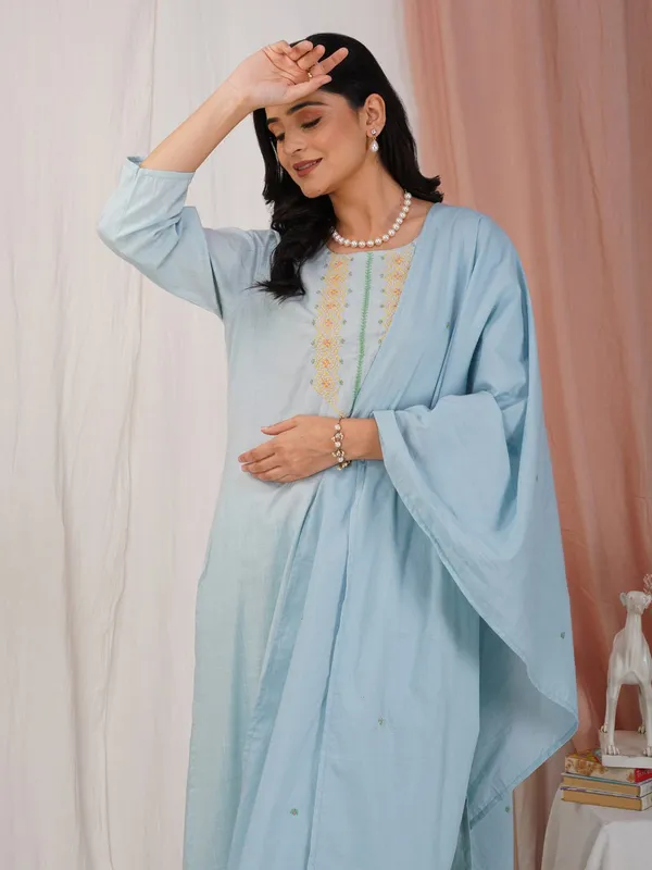 Blue_Kantha_Embroidered_Cotton_Kurta_With_Matching_Pant_And_Dupatta_-_XXL