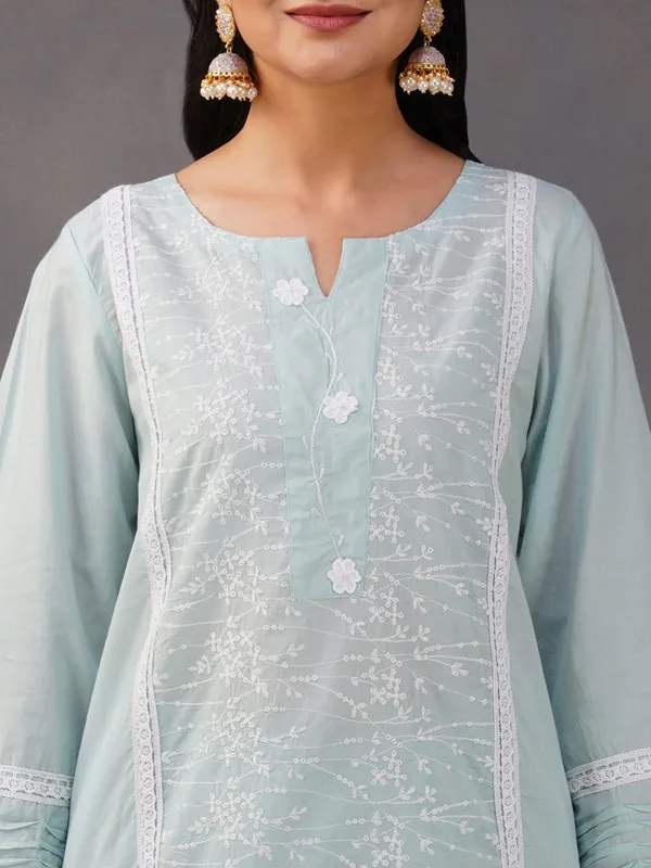 Sea_Green_Cotton_Embroidered_Kurta_Paired_With_Matching_Pant_-_XXL
