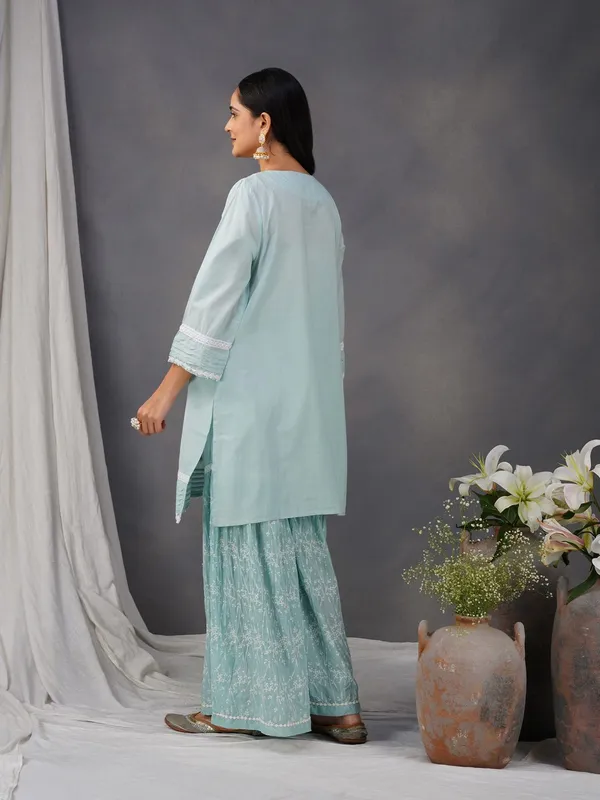 Sea_Green_Cotton_Embroidered_Kurta_Paired_With_Matching_Pant_-_XXL