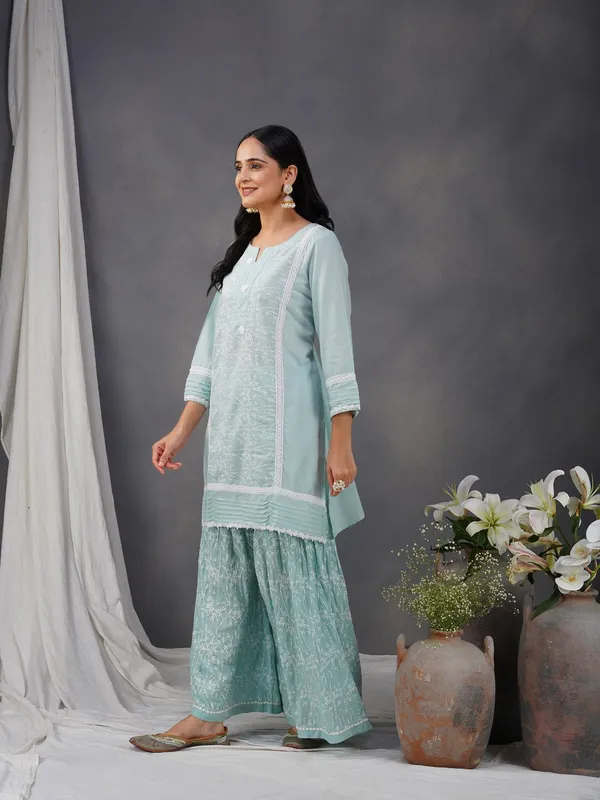 Sea_Green_Cotton_Embroidered_Kurta_Paired_With_Matching_Pant_-_XXL