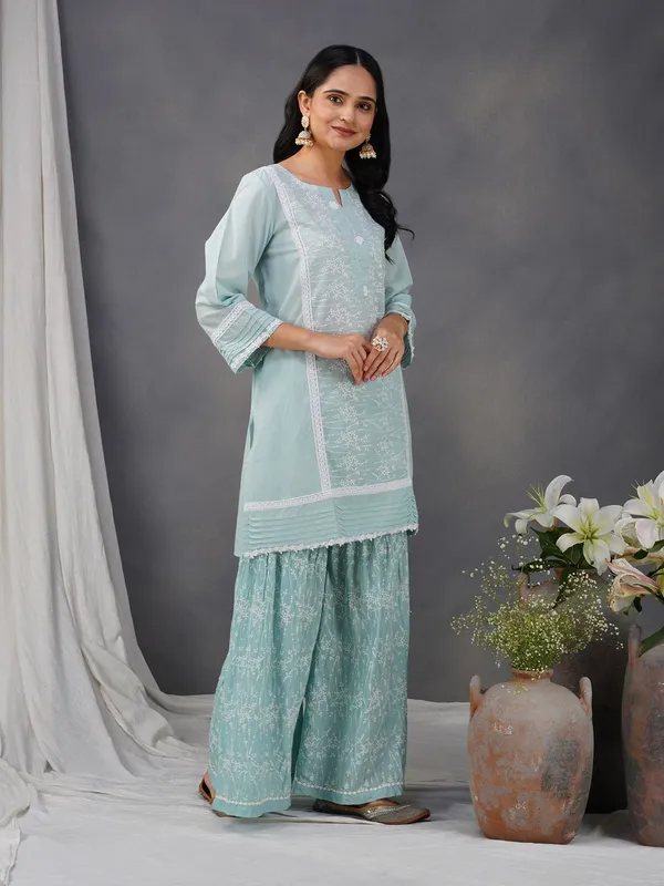 Sea_Green_Cotton_Embroidered_Kurta_Paired_With_Matching_Pant_-_XXL