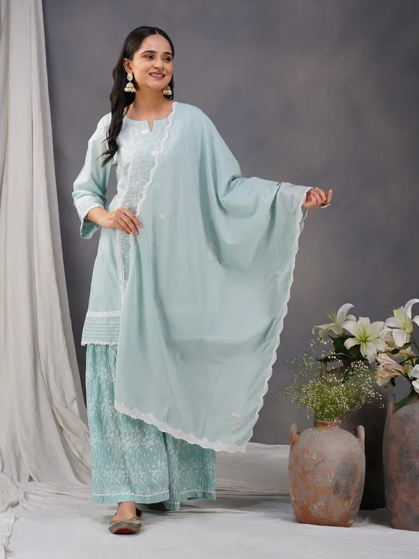 Sea_Green_Embroidered_Cotton_kurta_With_Matching_Pant_And_Dupatta_-_XXL