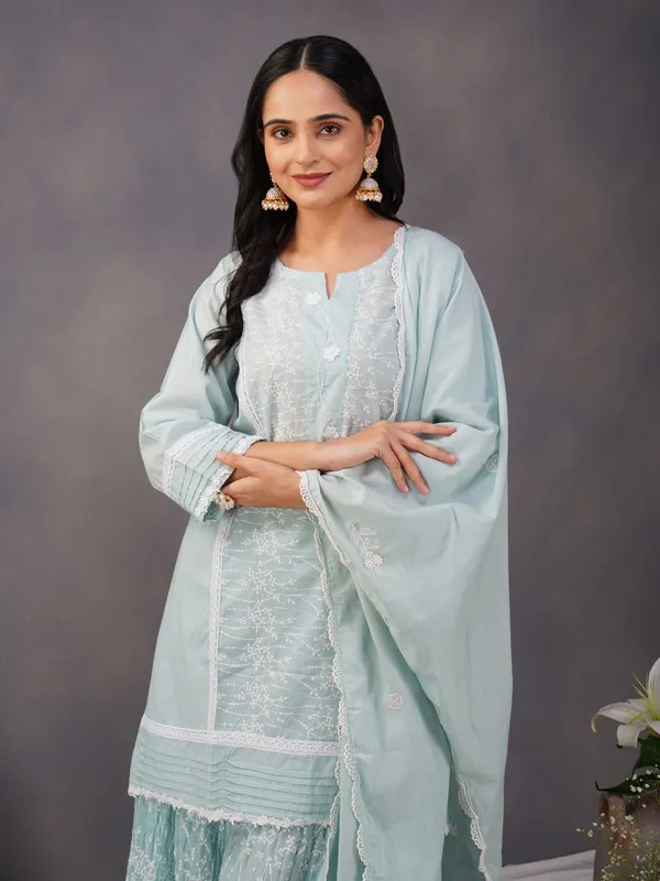 Sea_Green_Embroidered_Cotton_kurta_With_Matching_Pant_And_Dupatta_-_XXL