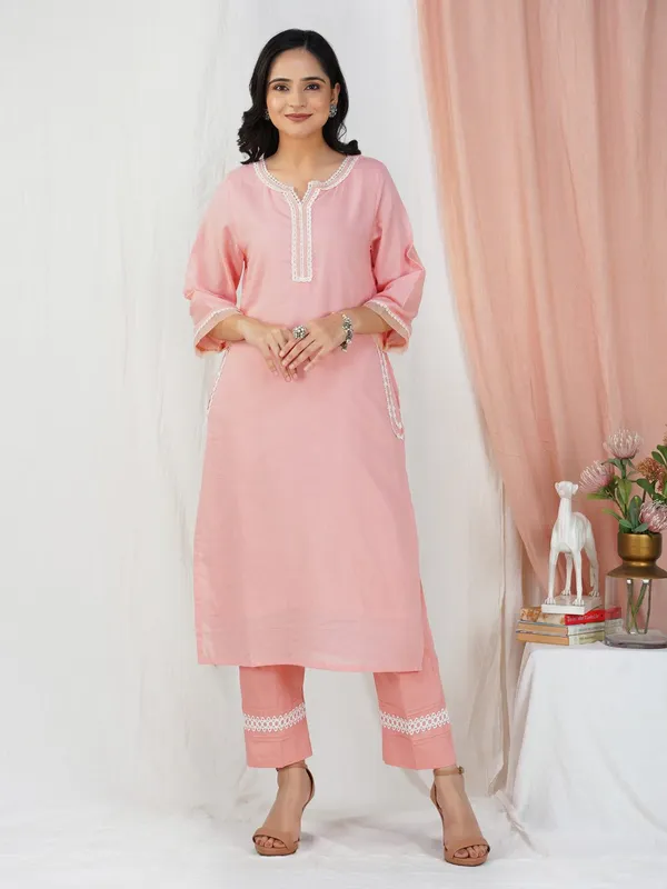 Peach_Cotton_Dobby_Kurta_Paired_With_Matching_Pant_-_XXL