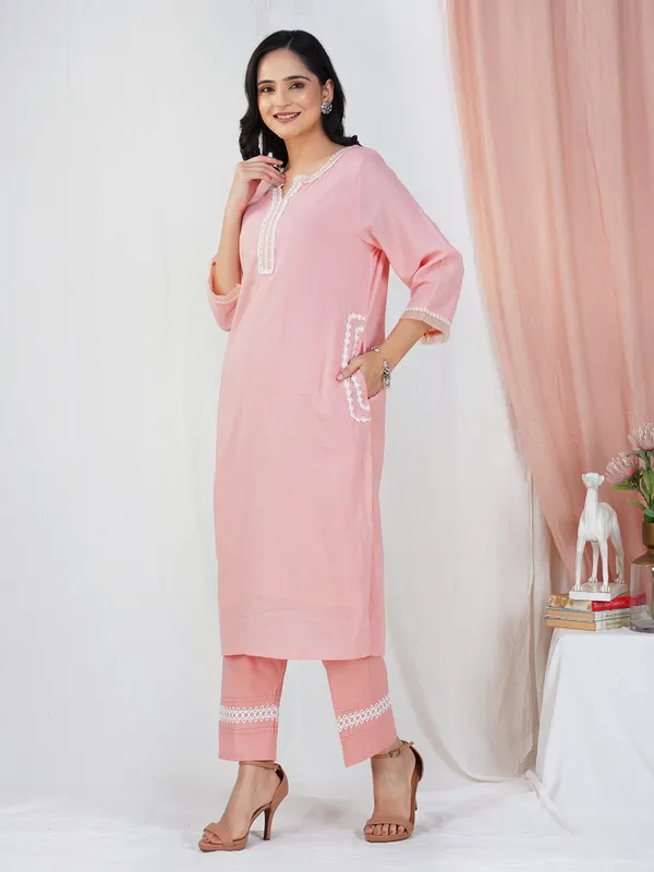 Peach_Cotton_Dobby_Kurta_Paired_With_Matching_Pant_-_XXL