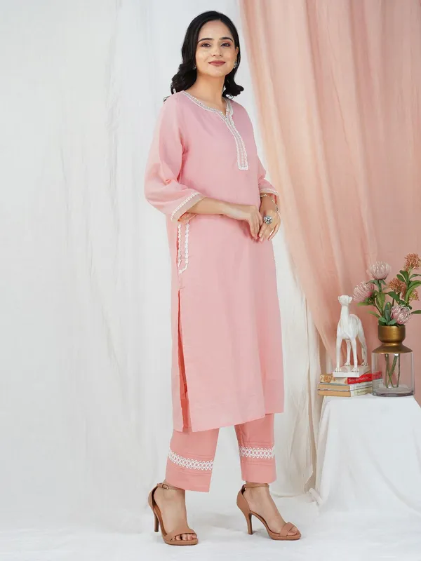 Peach_Cotton_Dobby_Kurta_Paired_With_Matching_Pant_-_XXL