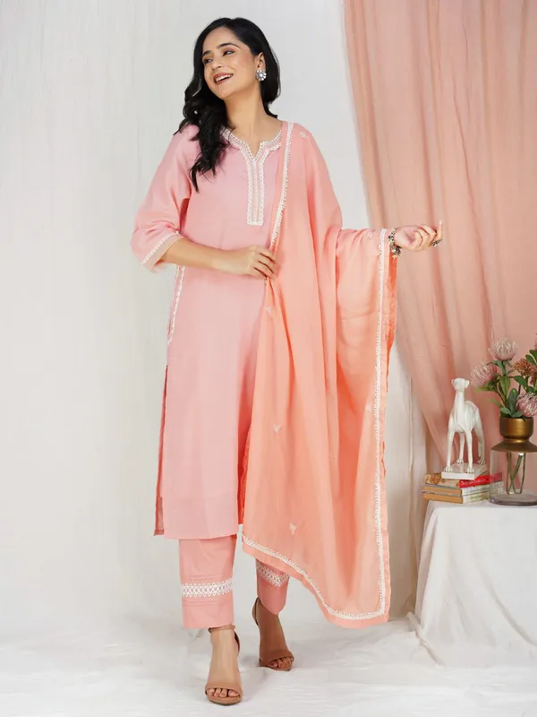 Peach_Cotton_Kurta_With_Matching_Pant_And_Dupatta_-_XXL