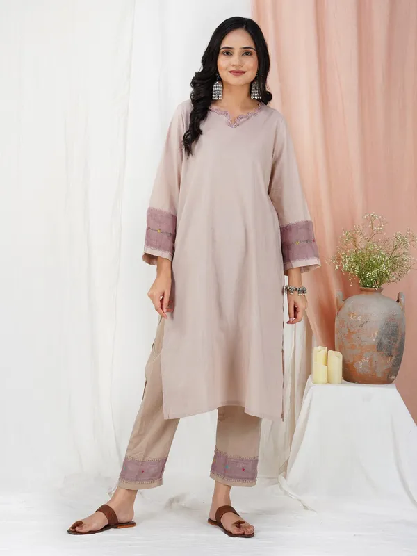 Taupe_Hand_Embroidered_multicolor_Cotton_Kurta_Paired_With_Matching_Pant_-_XXL