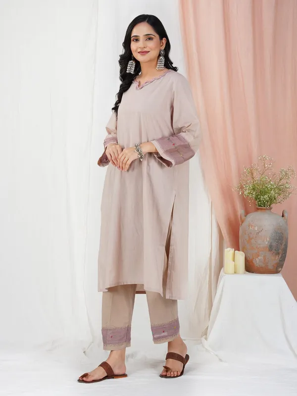 Taupe_Hand_Embroidered_multicolor_Cotton_Kurta_Paired_With_Matching_Pant_-_XXL