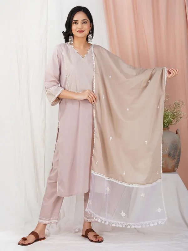 Taupe_Cotton_Kurta_With_Matching_Pant_And_Dupatta_-_XXL