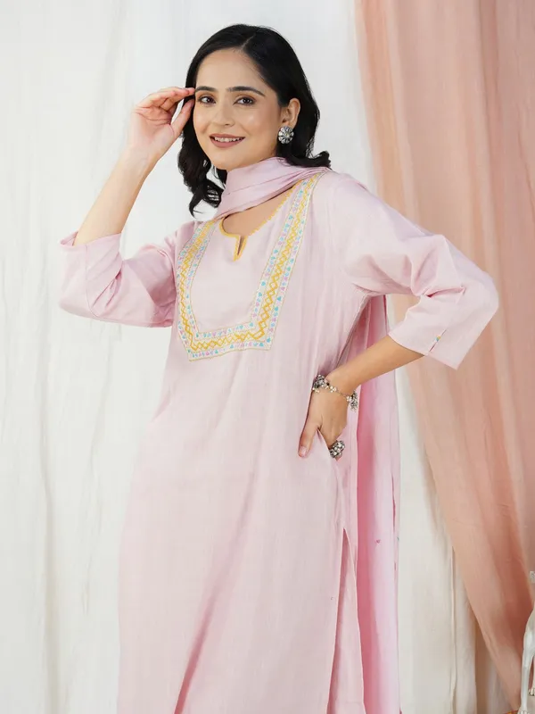 Pink_Kantha_Embroidered_Cotton_Kurta_With_Matching_Pant_And_Dupatta_-_XXL