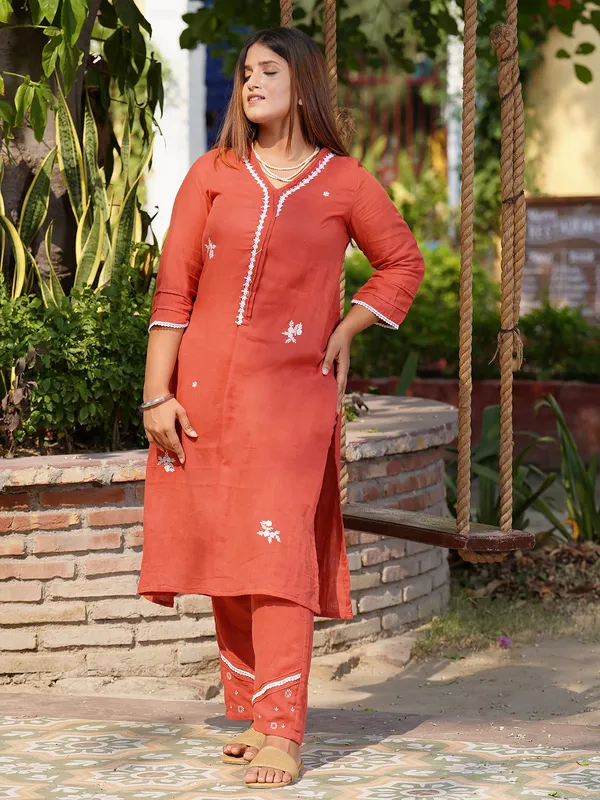 Red_Embroidered_Double_Cloth_Premium_Cotton_Kurta_with_Embroidered_Pant_-_Set_of_2_-_XXL