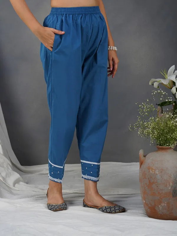 Blue_Embroidered_Cotton_Anarkali_Kurta_Paired_With_Matching_Pant_-_XXL