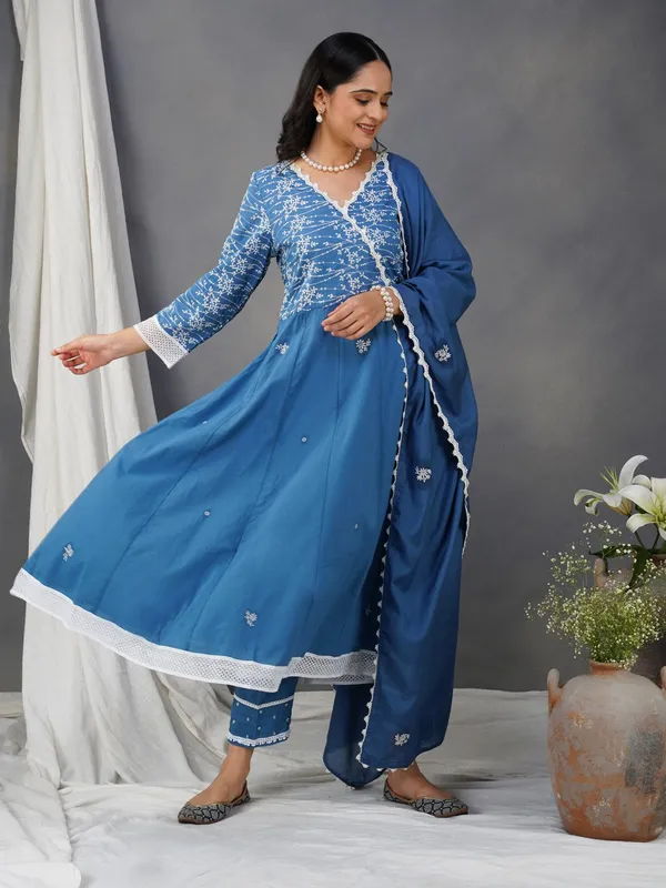 Blue_Embroidered_Cotton_Anarkali_Kurta_With_Matching_Pant_And_Dupatta_-_XXL