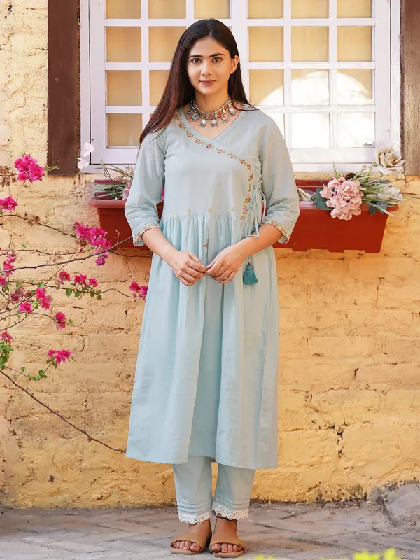 Sea_Green_colorful_Embroidered_Cotton_Angrakha_Kurta_Paired_With_Matching_Pant_-_XXL