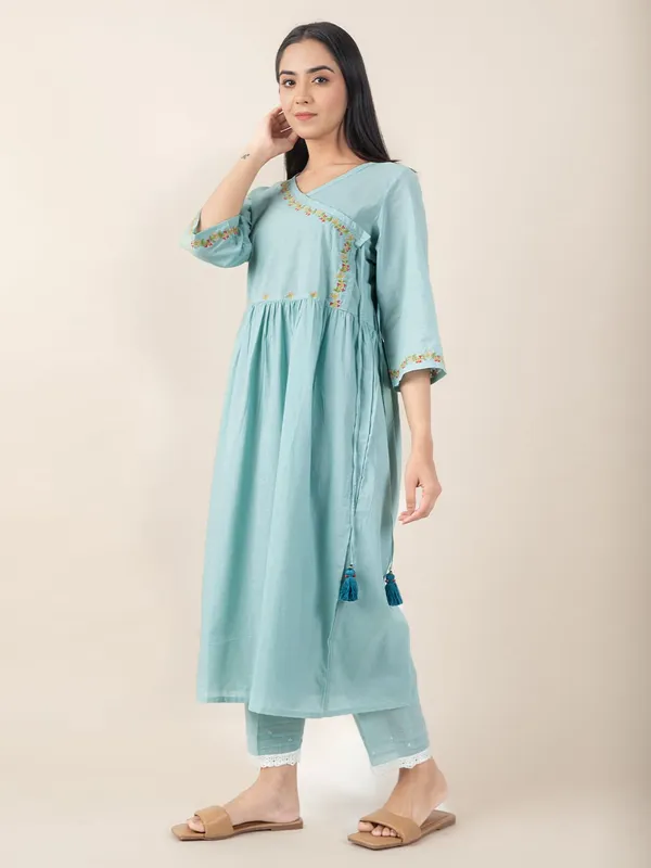 Sea_Green_colorful_Embroidered_Cotton_Angrakha_Kurta_Paired_With_Matching_Pant_-_XXL