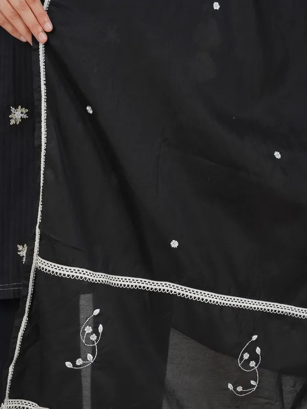 Black_Hand_Embroidered_Cotton_Angrakha_Kurta_With_Matching_Pant_And_Dupatta_-_XXL