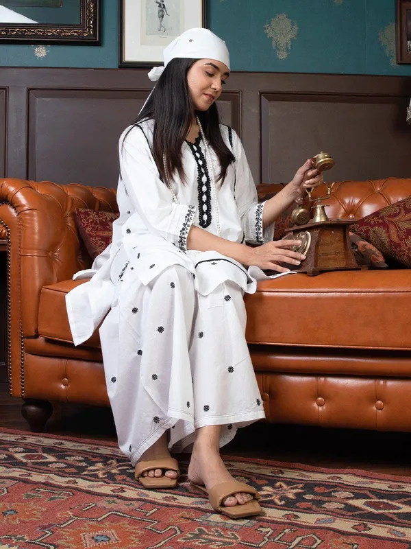 White_Embroidered_Cotton_Kurta_paired_with_matching_sharara_-_XXL