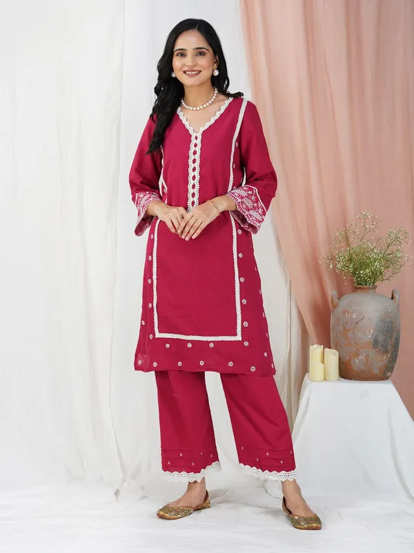 Red_Embroidered_Cotton_Straight_Kurta_Paired_With_Matching_Palazoo_-_XXL