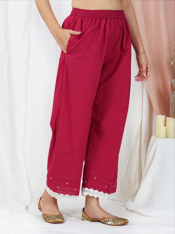 Red_Embroidered_Cotton_Straight_Kurta_Paired_With_Matching_Palazoo_-_XXL