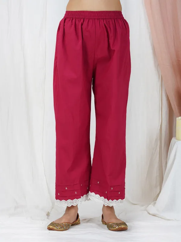 Red_Embroidered_Cotton_Straight_Kurta_With_Matching_Palazoo_And_Dupatta_-_XXL