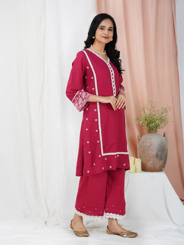 Red_Embroidered_Cotton_Straight_Kurta_With_Matching_Palazoo_And_Dupatta_-_XXL