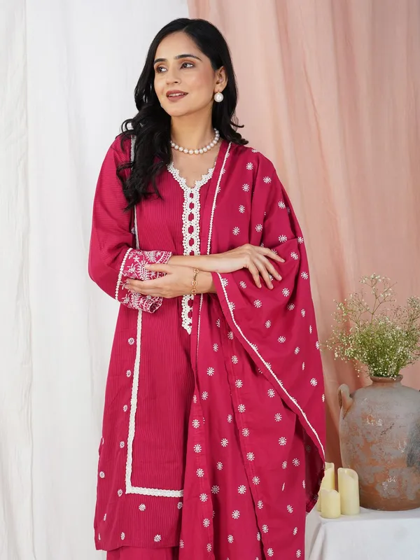 Red_Embroidered_Cotton_Straight_Kurta_With_Matching_Palazoo_And_Dupatta_-_XXL
