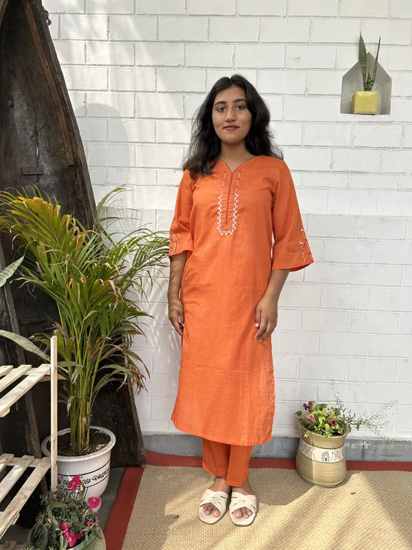 Orange_Embroidered_Cotton_Kurta_Co-ord_-_XXL
