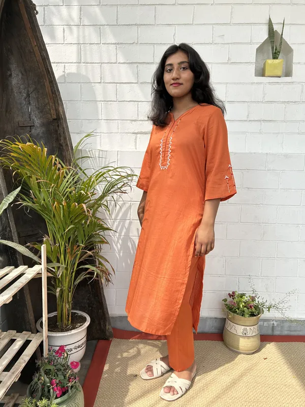 Orange_Embroidered_Cotton_Kurta_Co-ord_-_XXL