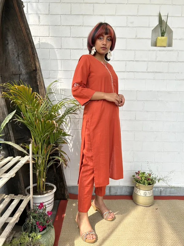 Orange_Embroidered_Cotton_Kurta_Co-ord_-_XXL