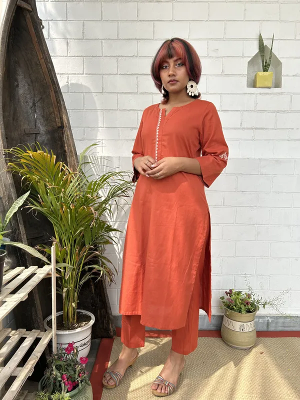 Orange_Embroidered_Cotton_Kurta_Co-ord_-_XXL