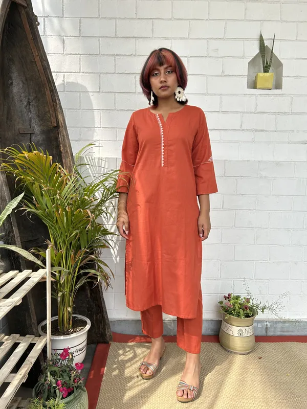 Orange_Embroidered_Cotton_Kurta_Co-ord_-_XXL