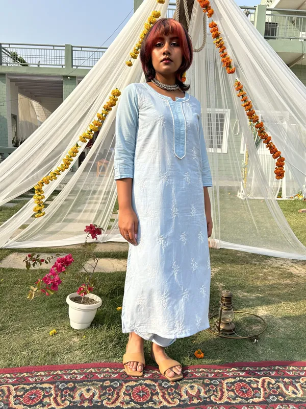 Sky_Blue_Lucknowi_Embroidered_Cotton_Kurta_Paired_With_Matching_Pant_-_XXL