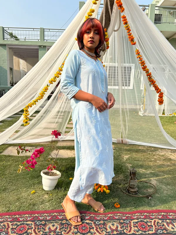 Sky_Blue_Lucknowi_Embroidered_Cotton_Kurta_Paired_With_Matching_Pant_-_XXL