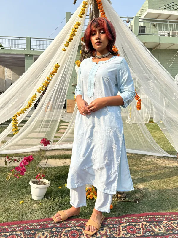 Sky_Blue_Lucknowi_Embroidered_Cotton_Kurta_Paired_With_Matching_Pant_-_XXL