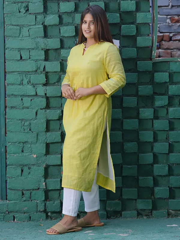 Lemon_Yellow_Embroidered_Cotton_Kurta_with_White_Pant_-_Set_of_2_-_XXL