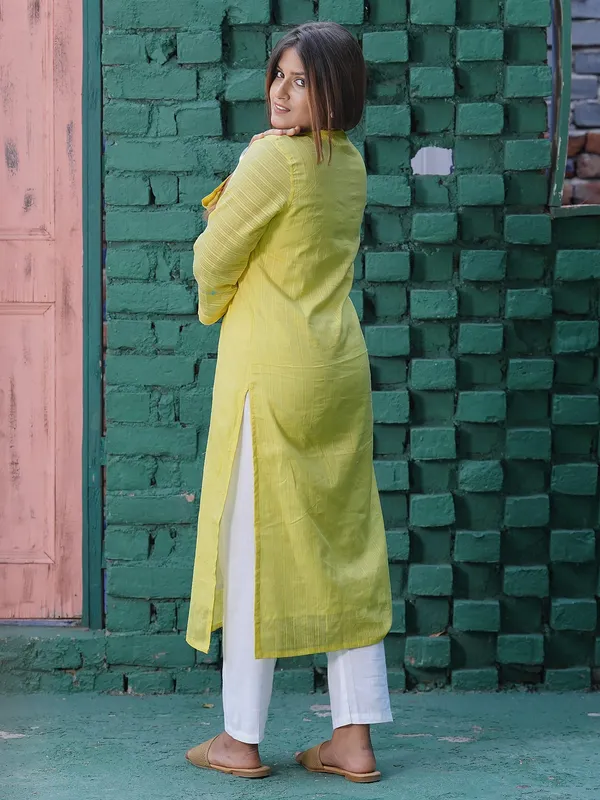Lemon_Yellow_Embroidered_Cotton_Kurta_with_White_Pant_-_Set_of_2_-_XXL
