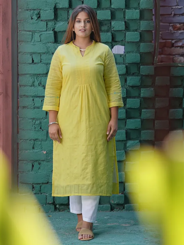 Lemon_Yellow_Embroidered_Cotton_Kurta_with_White_Pant_-_Set_of_2_-_XXL