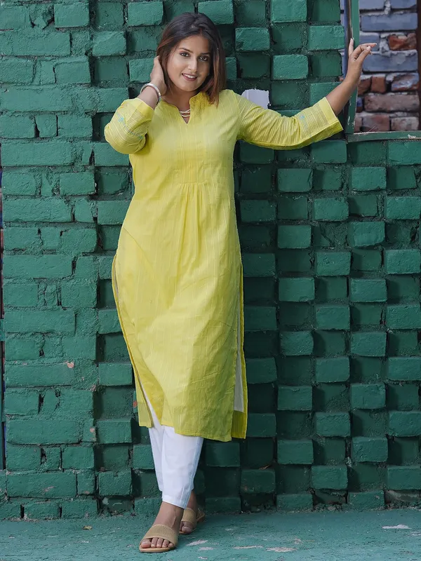 Lemon_Yellow_Embroidered_Cotton_Kurta_with_White_Pant_-_Set_of_2_-_XXL