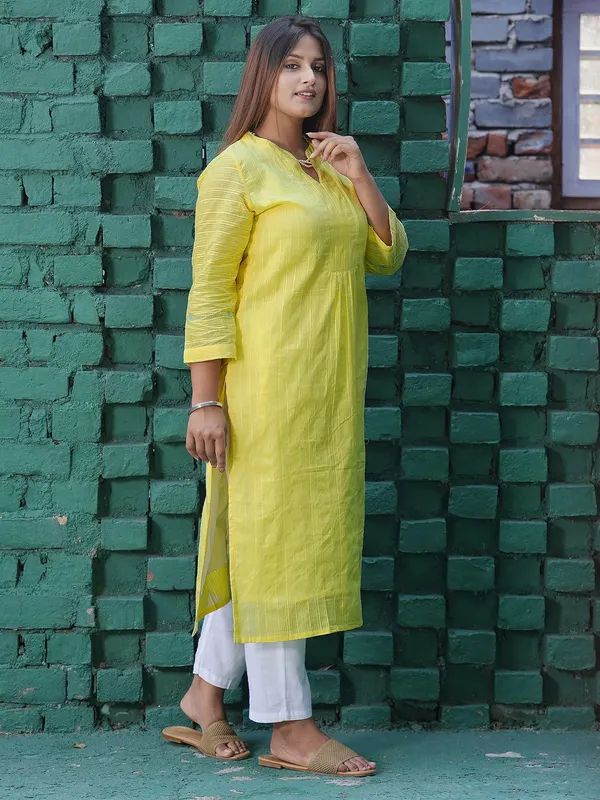 Lemon_Yellow_Embroidered_Cotton_Kurta_with_White_Pant_-_Set_of_2_-_XXL