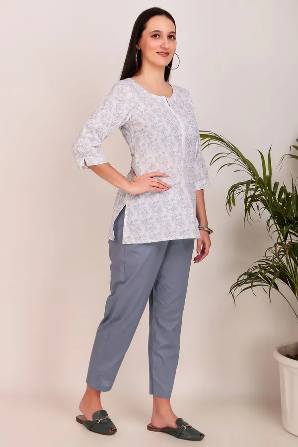 White_Floral_Print_Pure_Cotton_Short_Kurti_With_Pant_-_XXL