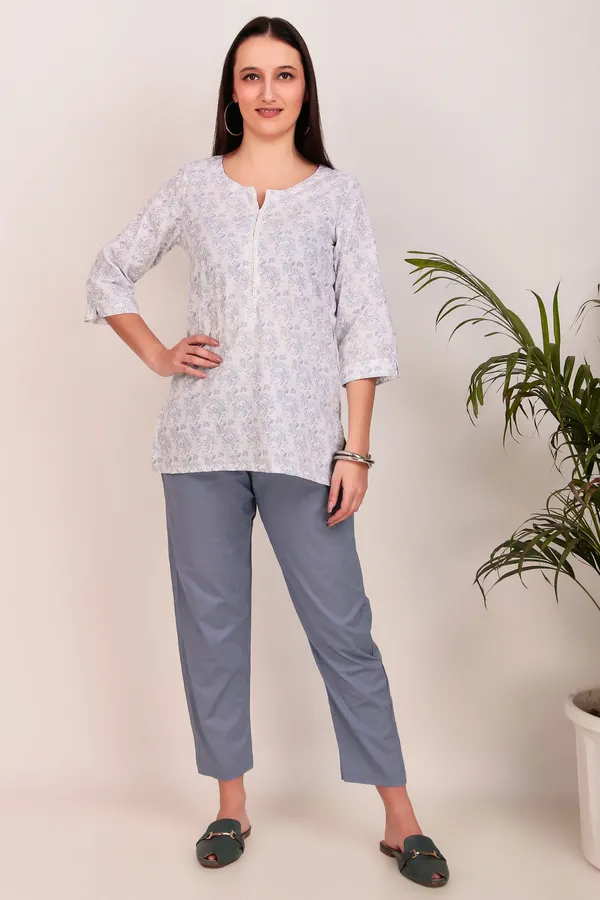 White_Floral_Print_Pure_Cotton_Short_Kurti_With_Pant_-_XXL